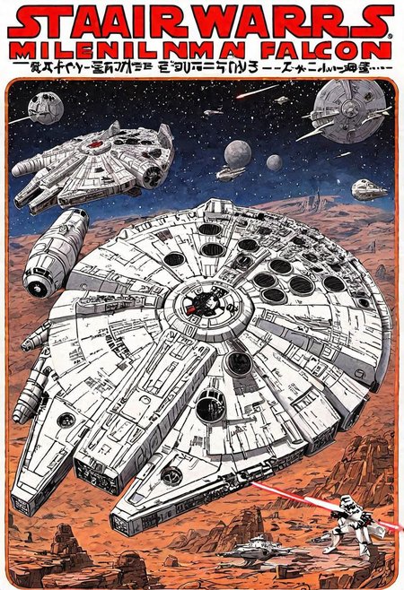 Japanese Manga book cover of star wars Millennium Falcon, book cover with text "Star Wars", Akira toriyama style , blank background , full colour, hand drawing