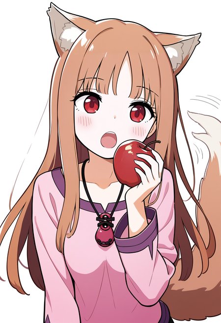 holo, 1girl, animal ear fluff, animal ears, apple, blush, brown hair, collarbone, eyelashes, food, fruit, hand up, holding, holding food, holding fruit, jewelry, long hair, long sleeves, necklace, parted bangs, pink shirt, purple trim, red eyes, shirt, simple background, solo, tail, tail raised, teeth, upper teeth only, white background, wolf ears, wolf girl, wolf tail, tail wiggle, upper body
, masterpiece, best quality, good quality,
<lora:sakurakono_noob-vpred1.0_v2_edm2_p2:1>