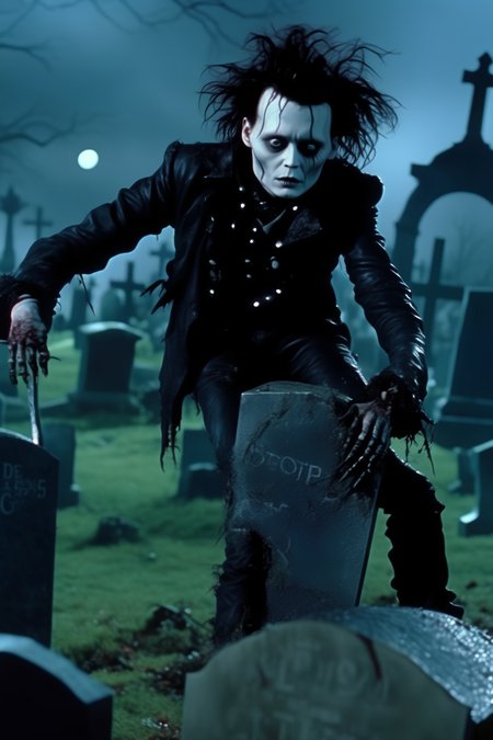 <lora:Director Tim Burton style:1>Director Tim Burton style - Make a photorealistic image,  Depp as a zombie in Edward Scissorhands climbing out of a grave in a cemetery at night, cinematography, 85mm, movie still, 8k, color grading, extreme detail, soft lighting, no vignette
