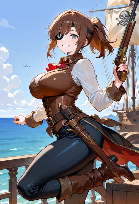 best quality, amazing quality, simple background,((outlined outlined vector graphics)),beautiful scenery,ocean,pirate ship,
   side view ,  looking at viewer , 1girl,,solo, 20yo, brown hair, gray eyes, (large breast:1.1), (ponytail:1.1), medium hair,(curvy:1.1),bangs, (glow eyes:0.7),happy,smile, cute face,pirate, pirate girl, eye patch,skull,,   jumping,  ,  , , , gun, pirate-outfit <lora:pirate-il-01:0.8>