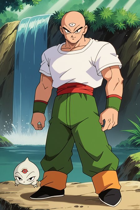 score_9,score_8_up, score_7_up, BREAK ict style,tien,1boy,1other, looking at viewer, bald, black eyes, muscular male,  white t-shirt, third eye, red sash, green wristband, standing, smirk,green pants, white pokemon \(creature\), humanoid, white skin, waterfall, nature, black flats, yellow leg warmers,    <lora:PokeMoviesPony:1> <lora:TienPonyV3:1>