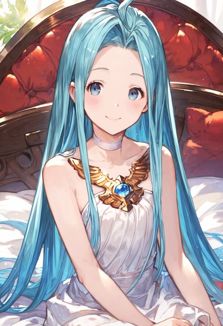 score_9, score_8_up, score_7_up,score_6_up, source_anime, best quality, aesthetic, absurdres, 
1girl, solo, sitting, smile, blush, (clear eyes:1.2), looking at viewer, 
Lyria (Granblue Fantasy), very long hair, blue hair, (body_slim, skinny:1.1), white choker, 
(clear eyes:1.1), <lora:Lyria-Pony:0.8>  
on bed, (sitting cross-legged:1.2),