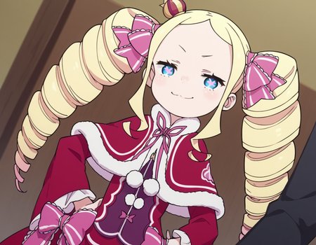 score_9, score_8_up, score_7_up, source_anime, <lora:rezero-beatrice-s3-leak-ponyxl-lora-nochekaiser:1>, beatrice, long hair, blue eyes, blonde hair, twintails, hair ribbon, sidelocks, symbol-shaped pupils, drill hair, twin drills,, dress, ribbon, fur trim, capelet, crown, mini crown, red capelet, frills, bowtie,, indoors, smug, smile, looking at viewer, solo, hands on hips,, cowboy shot, dutch angle