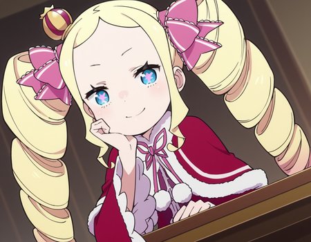 score_9, score_8_up, score_7_up, source_anime, <lora:rezero-beatrice-s3-leak-ponyxl-lora-nochekaiser:1>, beatrice, long hair, blue eyes, blonde hair, twintails, hair ribbon, sidelocks, symbol-shaped pupils, drill hair, twin drills,, dress, ribbon, fur trim, capelet, crown, mini crown, red capelet, frills, bowtie,, indoors, smile, looking at viewer, solo, sitting, head rest, table,, cowboy shot, dutch angle