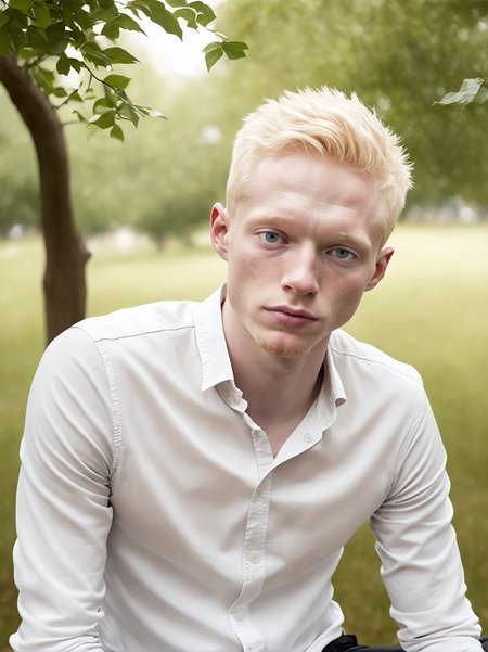 professional photograph, high resolution, 30yo drewsynthxl, portrait, solo, realistic, expressionless, albino,
face focus, from below,
in the park, overcast
