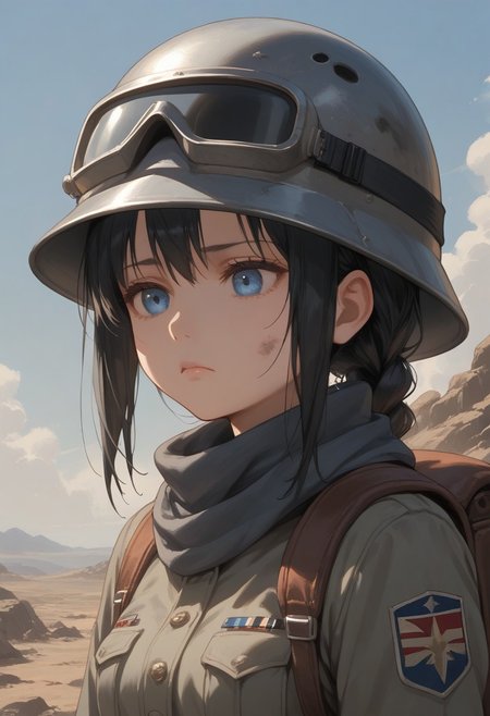 score_9, score_8_up, score_7_up, easynegative, realistic style, symphtia-style, dim lighting, detailed face, 1girl, blue eyes, black hair, (single braid: 1.2), ((small breast)), 
wehr, grey military uniform, grey helmet, goggles on helmet, scarf, backpack, ammunition pouch, (head down:1.2), looking down, black eyebags, tired face, BREAK dark, portrait, from side, hand on helmet, outdoors, ((torn clothes)), Dirty Clothes,