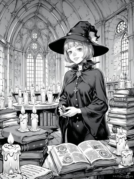 purple eyes, blonde hair, wizard, lare breasts, standing, practicing magic, books, smiling, table, candle, night, solo, 
, <lora:Berserk:0.8>, score_9, score_8_up, score_7_up, zPDXL3, monochrome, greyscale