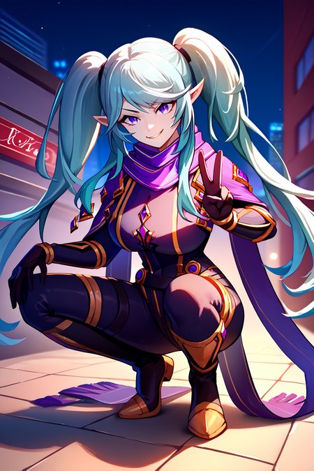 score_9, score_8_up, score_7_up, score_6_up, source_anime, 1girl, solo,  <lora:epsilon-pdxl-nvwls-v1-000008:1> epsilon, pointy ears, twintails, purple scarf, black bodysuit, gold trim, black gloves, black pants, thigh straps, black boots, large breasts, squatting, looking at you, peace sign, smirk, city, night