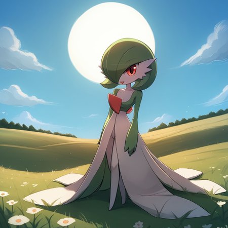 score_9, score_8_up, score_7_up, score_6_up, score_5_up, score_4_up,
 luminekoStyle,
1 girl, gardevoir, green_hair, green_skin, hair_over_one_eye, 
field, grass,  sun, clouds,