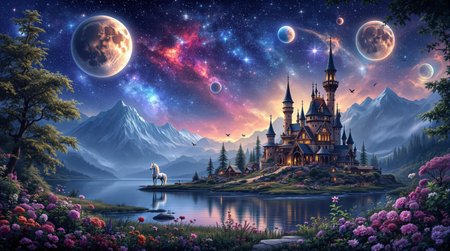 colourful planets and moon and stars and space in the background, a tome, zoomed out, full veiw, hyperealistic, fantasy castlle sitting in a magical jungle in the background, a lake in the background, dinstant galaxies, flowers blowing in the wind, misty mountains in the background, auroa borealis, birds flying in the sky, a unicorn in the distance, small village in the foreground, nighttime, night, dark lighting, gloom,