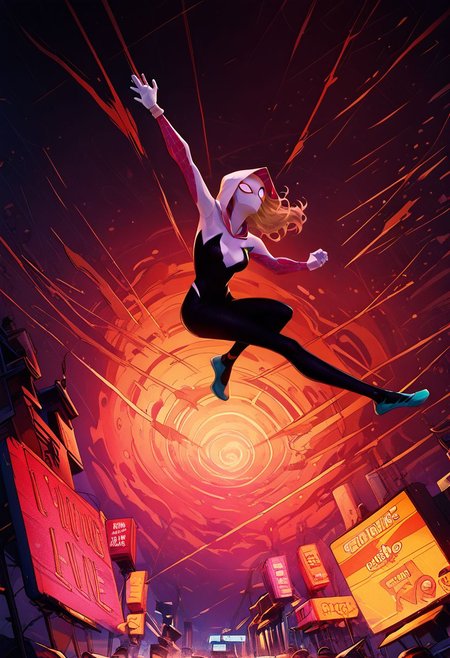 score_9, score_8_up, score_7_up, score_6_up, score_5_up, score_4_up, spider Gwen, swinging through Times Square, airborne, portrait, acrobatic, graceful, medium breasts, cinematic angle, cinematic lighting, action, determination,  masterpiece, n30n, neon lights, SVstyle, halftone, ben-day dots, chromatic aberration,