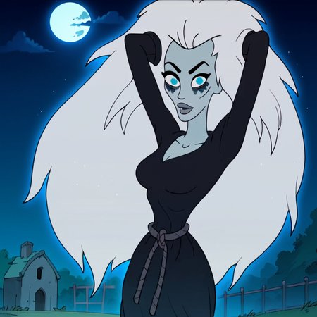 score_9, score_8_up, score_7_up, 1girl, Wraithgf, white hair, long hair, blue eyes, colored skin, grey skin, sharp teeth, eyeliner, medium breasts, narrow waist, wide hips, looking at viewer, night, graveyard, full moon, arms behind head, highres, high quality, masterpiece, <lora:WraithGF:1>