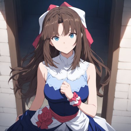 1girl,solo,looking at viewer,cowboy_shot,masterpiece,high score,great score,absurdres,<lora:Maria_ Nanadan ag4o v1:1> maria_ nanadan, brown hair, long hair, blue eyes,
