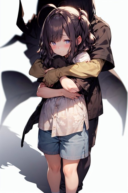 shadowhug, shorts, shirt, blush, white shirt, white background, 1girl, short sleeves, black hair, shoes, hug from behind, bangs, standing, ahoge, closed mouth, simple background<lora:shadowhug-000009:1>