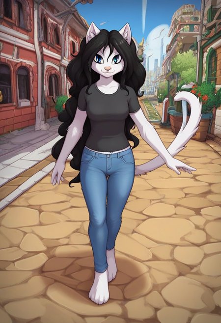 score_9, score_8_up, score_7_up, score_6_up, (masterpieces:1.2), very detailed, easynegative, negative_hand, source_cartoon, source_furry, city park, outdoors, outside, front view
BREAK 1girl, beth 
BREAK anthro, black short-sleeved shirt, blue denim jeans, black hair, blue eyes, cat ears, cat tail, closed mouth, female, female focus, furry, full body, long hair, looking at viewer,(medium breasts:1.6), (slim body:0.8), smiling, solo, (thin body:0.7), white body, white fur, standing