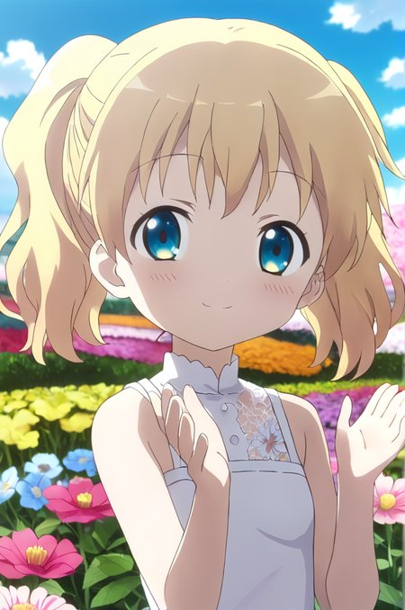 alice_cartelet, 1girl, solo,petite, blonde hair, small breasts,close up,standing,looking at viewer,flowerhands,white dress, Make flower shape with both hands, open palms,incoming,upperbody,smile,cloud,flower park,wind <lora:better skin typeB-v1:0.7> <lora:XDetail_light:1>masterpiece,best quality,source anime
 <lora:negativeXL_D:1> <lora:_sdxl-flowerhands:0.7> <lora:alice_cartelet-animagine-v1:0.7>