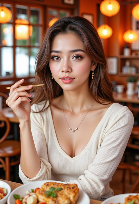 mid shot,  Hyperrealistic,  she is smiling, dynamic angles, multiple angles,She is looking at the camera, photoshoot poses; a photo of T@m,  she is posing for the camera. Wearing a necklace, earrings, wearing a white sweater with a white shirt and white shorts, she is sitting in an Asian restaurant, the table is filled with food,  The scene is set in a cozy and inviting atmosphere, She is the main focus of the image.  a smile on her face. Style: realistic hyper-detailed rendering, 32k UHD, expressive eyes, punk, graphic design, girl's face, pretty and cute, gleaming lips, telling a tale of adventure. Exuding confidence and serenity. The overall mood of the image is happy and relaxed,detailed skin texture,(blush:0.2),(goosebumps:0.3),subsurface scattering,with a playful and whimsical tone, aidmafluxpro1.1, Detailed hand, perfect hand, hand, retro50s_style, looking at the camera, looking at the camera, looking at the camera,