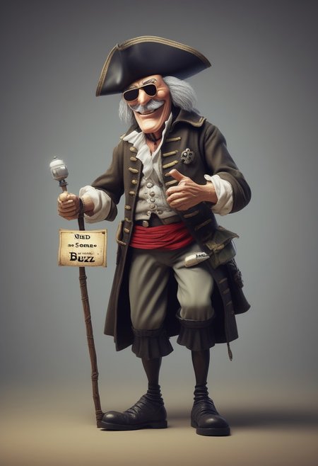 "Need some Buzz" An old, blind, cartoon British pirate, on one leg, stretches out his hand to the viewer asking for money. Around the pirate's neck hangs a sign ,  <lora:texta:0.9>