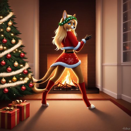 PG rating, (masterpiece), (best quality), (amazing quality:1.1), 1 girl, fluffy_new_year, merry_furistmas, xmas clothes, xmas tree, xmas garland lights, indoors, dynamic background