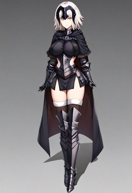 Jeanne_Armored, white hair, short hair, yellow eyes, headpiece, black armor, breastplate, short dress, armored skirt, vambraces, underbust, metal collar, fur-trimmed capelet, cloak, belt, scabbard, thighhighs, armored boots, thighhighs under boots, 
masterpiece, best quality, very aesthetic, absurdres, 1milf, 1adult, solo, full_body, tachi-e,