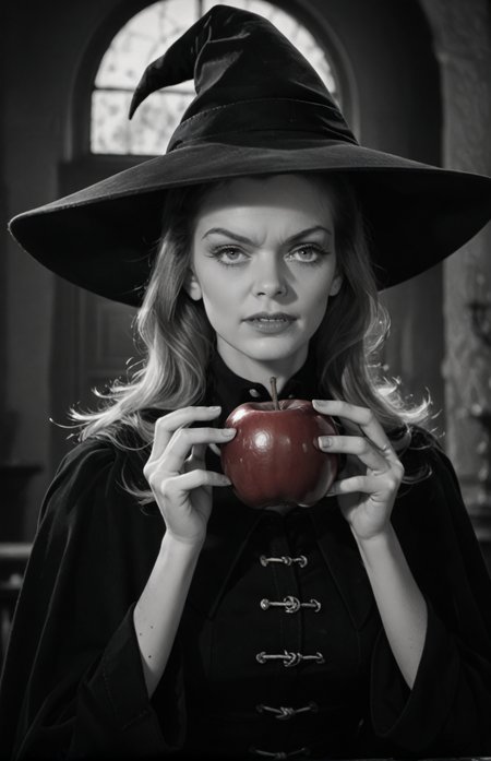 score_9, score_8_up, score_7_up, score_6_up, score_5_up, score_4_up, BREAK 
1girl, evil witch, wide brim witches hat, holding a red apple, ,bwmovies,  <lora:bwMovies:1>,
