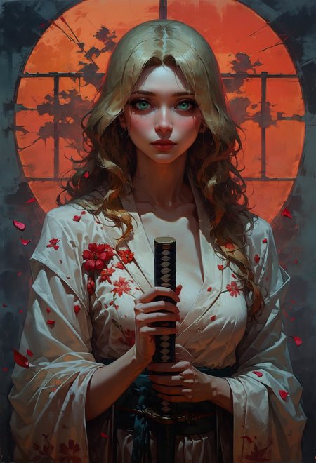 score_9, score_8_up, score_7_up,  1girl wearing a floral kimono, holding a katana, perfect curves, suggestive pose, romantic, solo, detailed eyes, looking at viewer, beautiful, looking at viewer, green eyes, sultry look, medium breasts, fantasy, from front, romantic, orange skies, orange moon, sakura petals, tsukuyomi (blonde hair, mid parted hair, straight hair, long hair:1.2), pronounced blush, d4rk01l   <lora:sdxl\Concept Art Twilight Style SDXL_LoRA_Pony Diffusion V6 XL:0.8> <lora:sdxl\vixon_pony_oil:0.7>