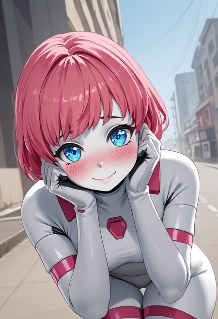 score_4,score_5,score_6,score_7_up,score_8_up,score_9 ((masterpiece,best quality,ultra detailed,highres,HD,4k:1.2)), 
outdoor,
1girl,solo,gir focu,solo focus,face focus,
((android,robot girl,colored skin,white skin,very short hair)),pink hair,bungs,blue eyes,
bodysuit,elbow gloves,thighhighs,thigh boots,
looking at viewer,blush,shy,smile,
looking at viewer,shy,blush,smile,
