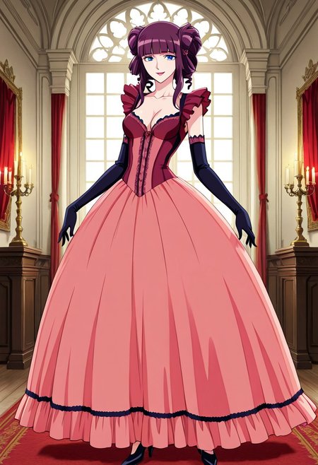 score_9,score_8_up,score_7_up,source_anime,5_figner,2d_animation,game cg,BREAK,1girl,solo,stella,
bangs,blunt bangs,drill hair,hair bun,double bun,purple hair,blue eyes,lipstick,
pink dress,cleavage,elbow gloves,collarbone,frill,dress,high heels,
medium breasts,smile,front view,full body,looking at viewer,standing,
red curtain.gothic room,medieval interior,
indoor,window,chandelier,candle,white wall, 
masterpiece,best qualit,ultra-detailed,illustration,an extremely delicate and beautiful,beautiful detailed eyes,unity 8k wallpaper,high resolution,anime CG,official_art,