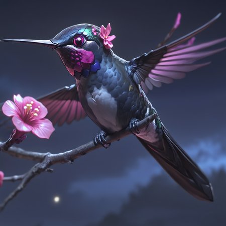 <lora:Crimson_LuminarySDXL:1> ArsMJStyle, Crimson Luminary, The image shows a hummingbird perched atop a tree branch with pink flowers against a backdrop of a night sky. The bird is animated giving the image a lively and vibrant feel., no humans, flower, bird, pink flower, flying, animal focus, branch, blurry, wings, animal