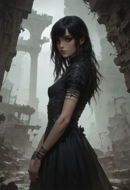 score_9, score_8_up, score_7_up, score_6_up, 1 woman, goth, 80s, age 18,  cute, petite, extremely detailed, high quality, realistic, beautiful brown eyes, Extra small breasts, black dress ,  thick open hair with bangs, dark theme, low light, from hip up, barren landscape with ruins, (masterpiece, best quality, highly detailed, realistic),  muted colors,
