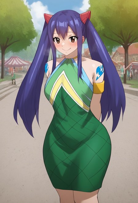 (score_9, score_8_up, score_7_up, high quality, best quality, ultra-detailed, very aesthetic, illustration, perfect composition, intricate details, absurdres, high res image, masterpiece, vibrant colors, beautiful face, detailed face, 1girl, solo focus, perfect eyes, detailed eyes), female, wendy marvell, long hair, hair ornament, twintails, brown eyes, blue hair, pale skin, thighs, perfect body, voluptuous, large breasts, curvy body, narrow-waisted, wide hips, (Wendy_Marvell, bare shoulders, tattoo, armlet, dress, green dress), (blushing, small smile, hands behind back), (fantasy, outdoors, town, park)