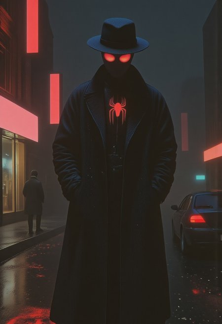 (city pop, neon-mist) A hyper-realistic close-up portrait of neo-noir Spider-Man, donning an oversized long coat that flares slightly at the bottom. The coat features intricate web-like embroidery along the cuffs and hems, with a bold crimson spider emblem subtly visible on the collar. He wears a classic wide-brimmed 1950s hat, tilted forward to cast a shadow over his mask. The mask’s lenses have a mirrored finish, reflecting the neon signs of a rain-soaked, noir-inspired cityscape. Raindrops cling to the coat and hat, the dim lighting accentuating the contrast between the vintage-inspired attire and the sleek, modern spider suit beneath. His poised and enigmatic stance adds an air of mystery to the scene.