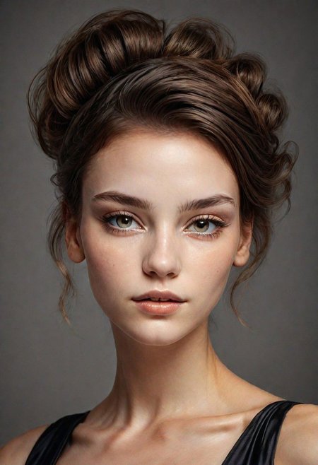A detailed portrait of a young woman exuding elegance and natural grace. She has a voluminous updo hairstyle with wisps of hair tenderly framing her face. Her hazel eyes are accentuated by tasteful makeup, s. She wears a high-necked black top, suggesting a blend of casual refinement. The lighting should illuminate her face against a subdued background, emphasizing her calm and confident expression. High Fashion, dynamic, dramatic, elegant, High fashion supermodel, avant garde style
fFaceDetaile
