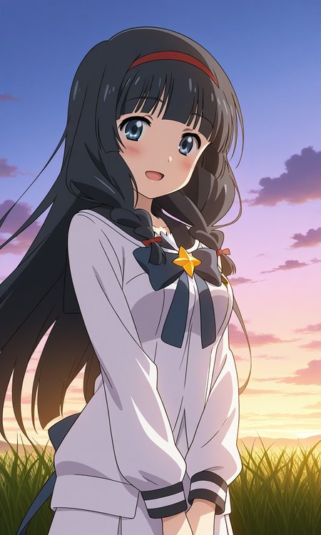 general,highres, ultra-detailed,very aesthetic,best quality ,best hands,  BREAK <lora:Itsuki_Houkago_no_Pleiades_IS:1> BREAK,
Itsuki(Pleiades), 1girl,solo, black hair, long hair, blue eyes, red hairband, twin braids, blunt bangs,breasts, anime coloring, BREAK,
 solo,  school uniform, blush, smile, cloud, sky, serafuku, upper body, long sleeves, cloudy sky, shirt, ribbon, v arms, blush, open mouth,
grass, sky, smile,looking at viewer, cowboy_Shot,