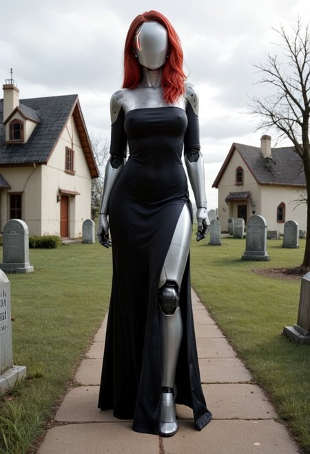 solo, A 35mm full length photo of  a beautiful 20 year old woman, she is a humanoid robot , robotic body, freckles, smooth featureless grey robotic skin, robotic aerials, metallic dark red hair, wearing a black a-line dress with silver detailing, standing in a graveyard , robotic face with minimal features, knee length dress, fit a flare dress, 1950s style house wife dress
mannequin, faceless, egghead, TheFaceLess