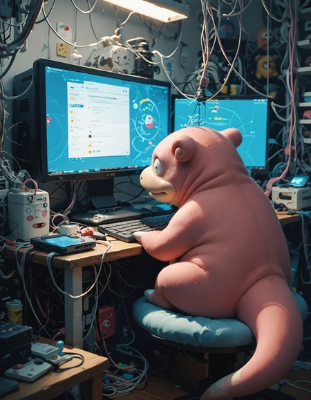 score_9, score_8_up, score_7_up, score_6_up, a slowpoke from pokemon in a control room, sitting on a computer, cuting wires <lora:POKEMON_SLOWPOKE:1>