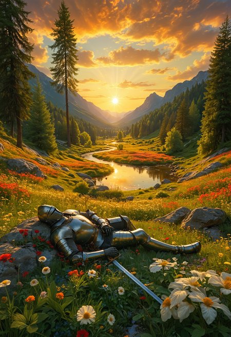 A knight in shining armor rests and lying down peacefully in a lush flower-filled meadow, surrounded by a majestic landscape, The sun casts a warm golden glow over the valley, with a meandering stream reflecting the vibrant colors of the sunset, tall trees and distant mountains, serenity and timeless beauty, The knight's sword lies by his side, tranquility, idyllic, fairy tale, <lora:MJ52:0.4>, <lora:SDXLFaeTastic2400:0.3>