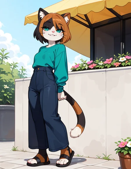 masterpiece, best quality, very aesthetic, absurdres,
outdoors, casual, 
full body, standing, posing, 
seductive smile, parted lips, long eyelashes,
 <lora:Kawa_v01_NAIXL:1>
K4w4,1girl,solo,furry,furry female,cat girl,short hair,multicolored hair,cat ears,aqua eyes,slit pupils,snout,animal nose,whiskers,body fur,two-tone fur,cat tail,striped tail,