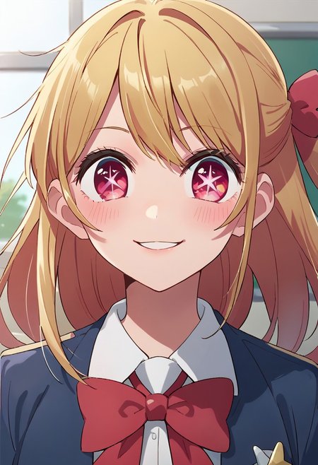 score_9, score_8_up, score_7_up, source_anime,hoshino ruby, one star-shaped pupil, blonde hair, pink eyes,  1girl, solo, classroom, bow, red bow, school uniform, blush, bowtie, shirt, jacket, long hair, white shirt, smile, upper body, :3