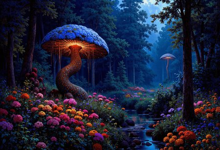 (in full view:1.2), (seen from a distance, wide angle:0.55), The style a combination of [Clyde Caldwell|Igor Zenin|Heather Theurer], Under lighting, alien planet, alien plants, bioluminescent plants. Harmonious madness, synergy with chance, unique art style, mind bending art. Digital painting in a realistic style representing strange visions of A forest, struck by a meteorite that has been altered by radiation coming from the meteor. The forest, once a popular place for walks has transformed into something out of another dimension. The trees, plants and animals have all begun to transform into life forms alien to earth. The wild flowers have become more colorful and have unusual patterns. A digital rendering, high-res, ultra detailed, photo manipulation, altered realities, <lora:+FluxVelvet's_Mythic_Fantasy:0.7> <lora:Midjourney_Whisper_Chromaplex_Velvet_Myst_v01:0.4> <lora:Epic_gorgeous_Details-flux.1:0.4> <lora:Amazing_scenery_v3:0.6> <lora:UltraReal_Fine-Tune:0.3> <lora:Realism-lora-Flux:0.6> <lora:low-light-flux-v2:0.5>