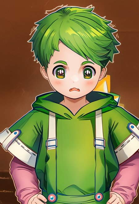 AwanoPB, 1boy, green hair, green iris, brown pupils, yellow blush, white suspenders, white round belly apron, short-sleeved green hoodie with white accents, long fingerless pink arm warmers, green pants, pink sneakers, white outsoles, <lora:AwanoPB:1>, Wangstyle,looking at viewer, <lora:DSC Style:1>DSCStyle, blush , confused ,  nervous, ??? ,solo ,, Score_9, Score_8_up, Score_7_up ,, Angry, mouth open in anger, side view, hands on hips, 
DSCStyle, round eyes, exaggerated proportions, cartoonish features, anime-inspired, cute aesthetics, cartoonish proportions, stylized anatomy, soft shading, warm color palette, semi-flat coloring, vibrant tones, warm and inviting tones, playful expressions, expressive poses, minimal texture, polished finish, whimsical atmosphere, smooth lines, glossy highlights, minimal detail, clean outlines, consistent line weight, gentle highlights,