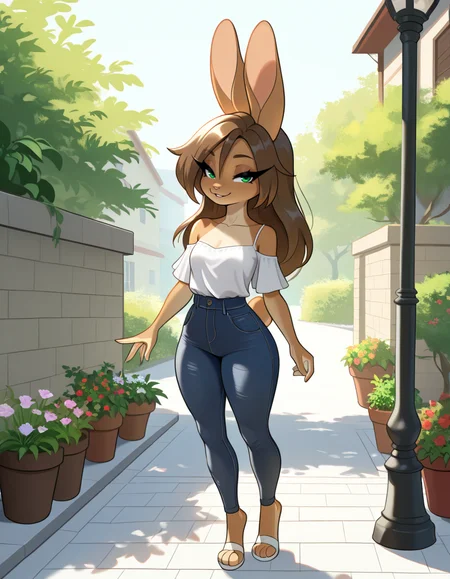 masterpiece, best quality, very aesthetic, absurdres,
outdoors, casual, 
full body, posing, 
seductive smile, parted lips, long eyelashes,
 <lora:Aubrey_Sky_v01_NAIXL:1>
4ubr3y5ky,1girl,solo,furry,furry female,rabbit girl,long hair,brown hair,rabbit ears,green eyes,animal nose,body fur,brown fur,rabbit tail,