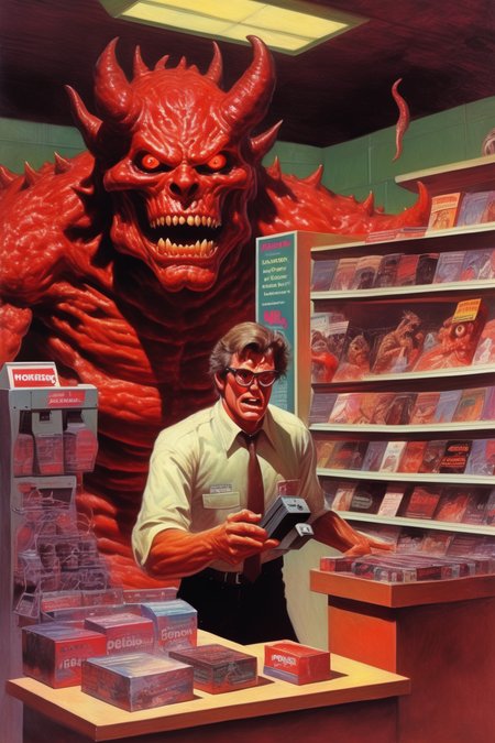 <lora:Richard Hescox Style:1>Richard Hescox Style - 1980s horror paperback artwork of a male electrical goods retail worker facing a hell demon in the middle of a Dixons shop