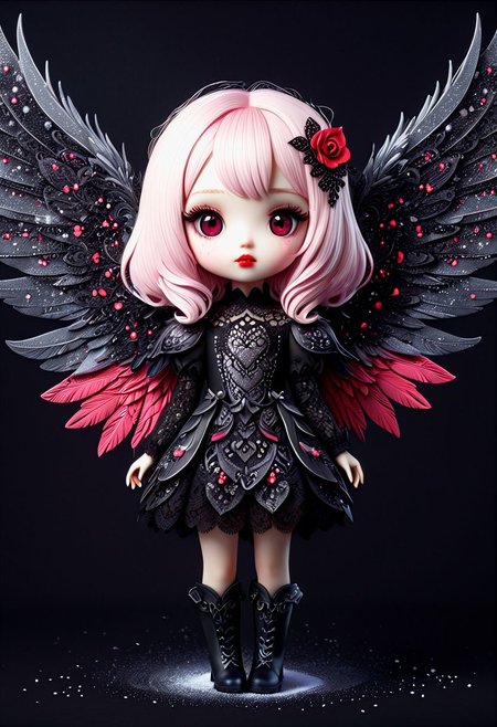 beautiful hyper detailed whimsical 35 k ultra realistic hyper detailed beautiful dark chibi fairy, hyper detailed perfecteyes, shadow woman red lips graphic, dark intricate wings on back, black lace dress, black boots, in the style of Charlie Bowater, nicoletta ceccoli , dark  Whimsical, Detailed Fantasy, black lace Background pattern with tiny  3d red and pink hearts, Glitter, White Thorns, Muted Colors, Explosion, Intricate Extremely Detailed, Hyperdetailed, style of monica lee, Hgonzag, Camilla d'Errico Diego Gisbert,Winter wonder land art art, Masterpiece, trending on artstation, featured on pixiv, cinematic composition, 8K