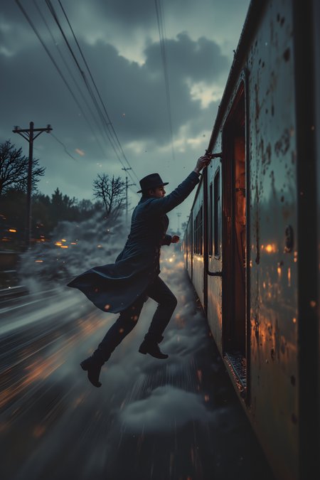 close-up of a detective hanging off the side of a speeding train, his hand gripping a rusted metal ladder as wind and rain whip around him. His face is strained with effort, eyes locked on a figure inside the train car. The background is a blur of motion, with passing trees and power lines barely visible in the stormy night. Realistic raindrops cling to his skin and coat, while the texture of the trainâs metal surface is worn and grimy. His trench coat flutters violently in the wind, while one foot scrambles for a foothold on the narrow ledge. The distant glow of city lights looms on the horizon, adding to the sceneâs high-speed tension and action. , detailed background  Fantastic lighting. Detailed shadows.intricate details, vivid colors, hyper-detailed, ultra-sharp, High resolution, high detail. Highly detailed. <lora:OBæç«å¾äººåæå½±Instant camera portrait photography V2.0:1.0>, <lora:Dark side of light:0.55>, <lora:aidmaFLUXPro1.1-FLUX-v0.3:1.0>, <lora:Glitchcore_Flux:0.8>,