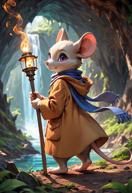 score_9, score_8_up, score_7_up, masterpiece, line art, portrait, anime, detailed, <lora:Expressive_H:0.45> Expressiveh, extremely detailed, zPDXL2, detailed background, concept art, realistic, solo, anthro mouse girl, (tiny:1), bald, fur, fluff, cute, dark, purple eyes, hooded, blue scarf, scarf flowing in wind, back to viewer, cave background, expansive cavern, underground river in background, in front of a dark cave, coat, tunic, holding torch, (brown fur), bottomless, barefoot, night, g0thicPXL, from side