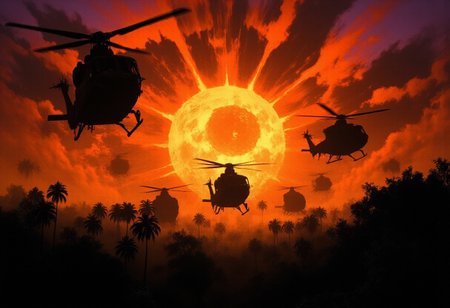 A surreal and eerie atmosphere engulfs the scene as numerous military helicopters hover like ghostly sentinels against a violently burning sunset. Their dark, silhouetted forms drift through the sky at unsettling angles, their rotor blades frozen in time, as if trapped in an endless moment of tension. Some appear impossibly still, while others seem to distort, their outlines flickering like echoes from another reality.
The sky is a fractured dreamscape—molten orange and blood-red hues bleed into deep purples and sickly yellows, casting unnatural glows that pulse and shimmer. The sun, an ominous burning eye, radiates an overwhelming intensity, its light distorted by the thick, suffocating haze that smothers the landscape. The air feels heavy, charged with an almost supernatural presence.
Below, the jungle looms in eerie silence, its palm trees and dense foliage barely visible through the creeping smoke that clings to the earth like ghostly tendrils. Strange, elongated shadows stretch unnaturally across the treetops, distorting reality itself. Faint, flickering light particles drift through the air, resembling lost souls ascending through the mist.
There is an overwhelming sense of something unseen watching, a presence lurking beneath the roar of distant rotor blades—an unsettling, dreamlike tension between reality and nightmare.best quality, masterpiece, award-winning illustration, detailed, color contrast, accurate, aesthetic, breathtaking, impressive