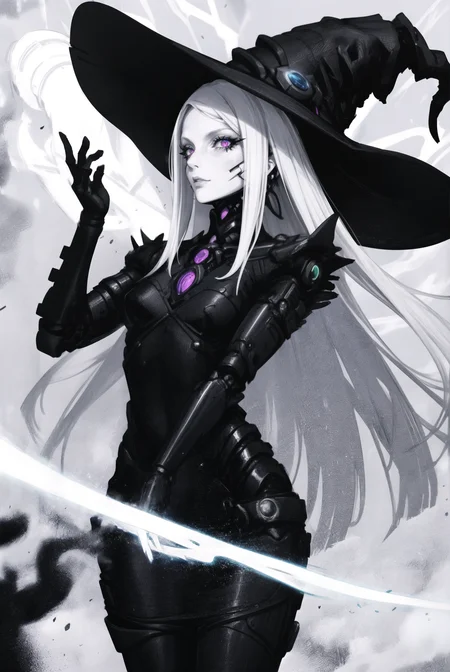 bodycon slip dress, beautiful cyborg witch, (mature female:1.4), flowing long hair, casting a magic spell, swirling magic energy, highly detailed, colorful witch hat, perfect face, detailed colorful eyes, intricate, elegant <lora:Blame!:1>