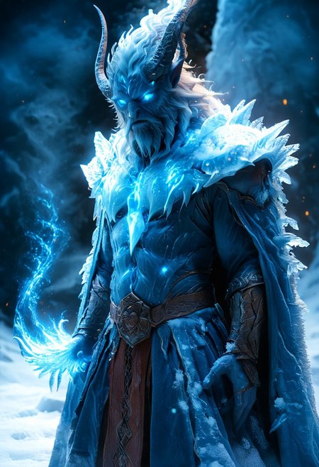 low angle, close up portrait, amazing perspective of a hkmagic  frost giant, frosted and transluscent ice skin and body, tranparent  and blueish pale blue ice skin color, wielding a large two-handed sword made of ice and wearing ice frosted textured intricated armors, Snowflakes dance a frenzied jig, weaving patterns on the frozen air. The mountains bow before the storm's might, humbled giants. Icicles hang like the teeth of a frosted giant, ready to strike. like embers in the face of the blizzard. Yet, even in this chaos, a fierce beauty resides, a primal strength. giants and gods are shared, binding hearts against the storm. The warmth of the hearth beckons, a refuge from the raging world. Those who brave the tempest wait, their spirits unbroken. For storms, like the gods themselves, are bound by time. . The frost giant  wrath subsides, spent, leaving behind a quiet strength. Nature breathes a sigh, a slow release from winter's grip. The old gods watch from Asgard, an ICe giant figthing a fire elemental, lava flowing like blood,  The world turns once more, beneath a sky that knows both fury and calm. The land remembers, the storm's mark etched into its soul. From the heart of winter, The Howling of Giants echoes still. BadDream, fr4z3tt4 , epiCPhoto, blue, white, forst , ice flakes, blizzard storm, pale sun, lava eruption in the snow, iceland, hkmagic