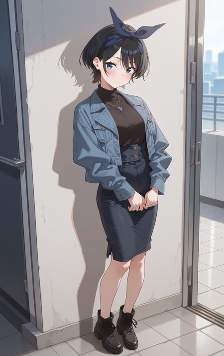 perfect quality,high quality,masterpiece,best quality,amazing quality,very aesthetic,absurdres,Cinematic Lighting,newest,Tactical use of shadow,
front view,full_shot,Wry smile,
SarashinaRukaCYQL,<lora:SarashinaRukaCYQL:1>,1girl,solo,short hair,black hair,bangs,hairband,blue eyes,Distressed denim jacket, turtleneck, midi skirt,
full body,standing,hugging_own_legs,,
cyan background,simple background,
<lora:ponyv4_noob1_2_adamW:0.6>,<lora:spo_sdxl_10ep_4k-data_lora_webui:0.6>,<lora:USNR STYLE_XL_loha:0.45>,<lora:HG2512 by CYQL:0.9>,HG2512,usnr,,